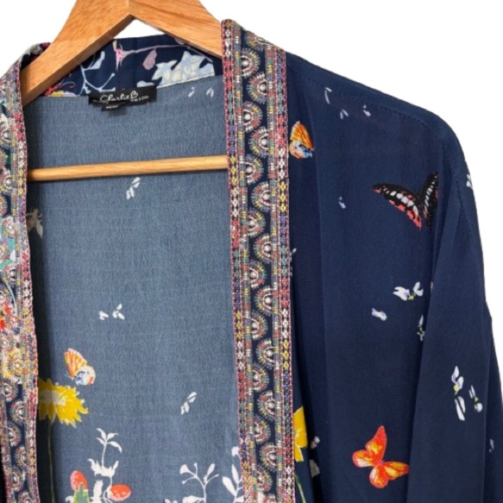 Charlie B Multi Color Butterfly Floral Print Open Front Embroidered Kimono M - Picture 3 of 6